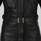 Katherine Waterston Fantastic Beasts Black Leather Long Coat – close-up and worn views