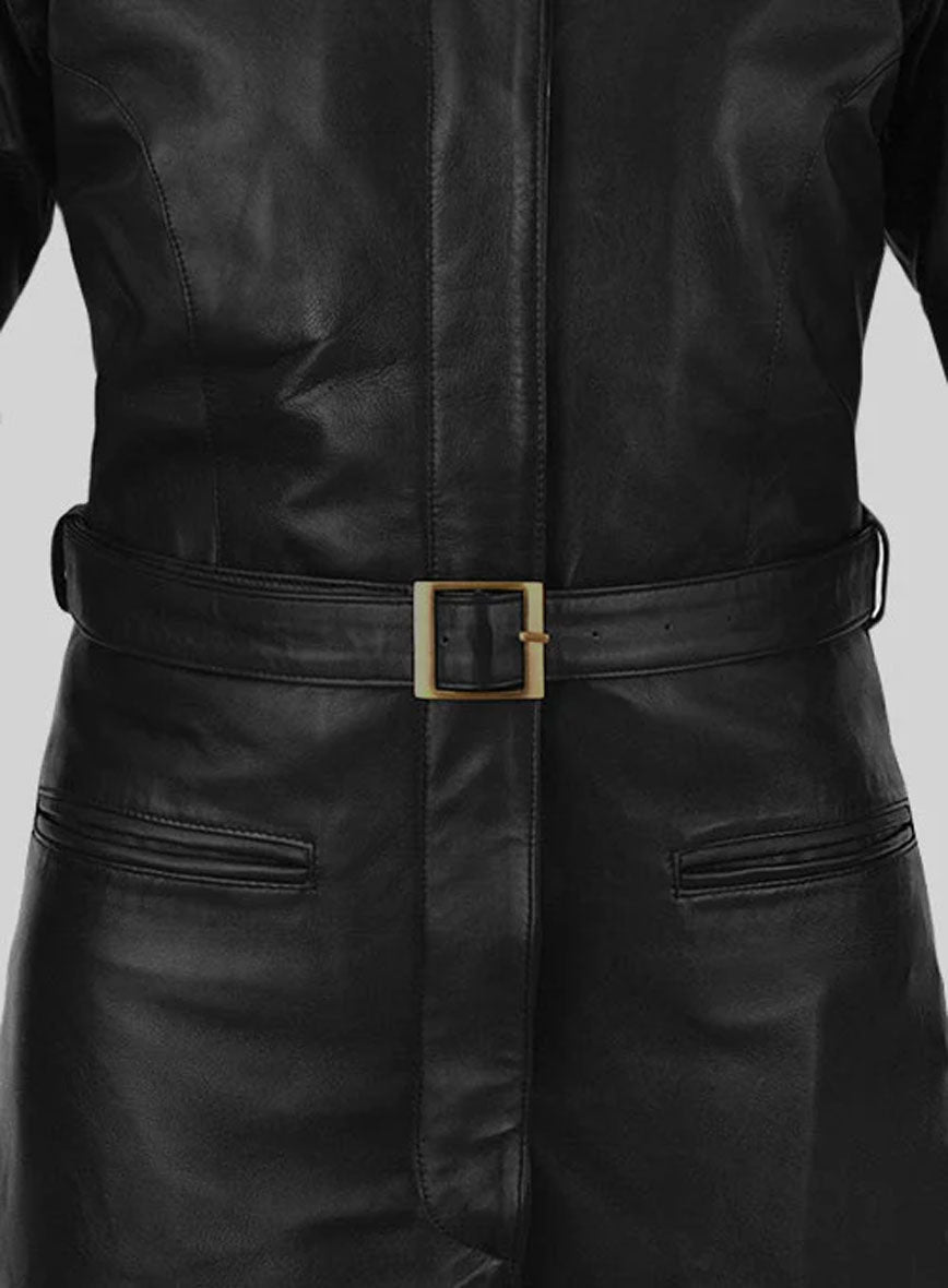 Katherine Waterston Fantastic Beasts Black Leather Long Coat – close-up and worn views