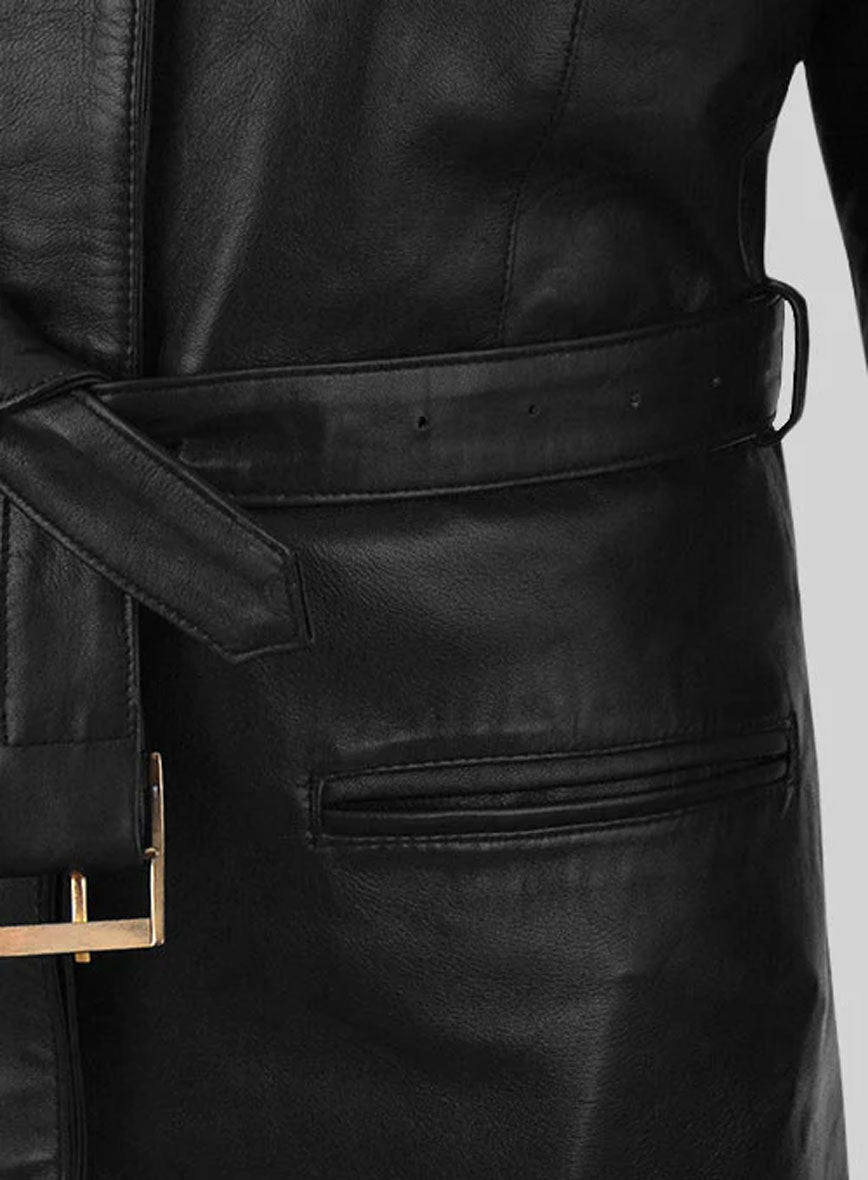 Katherine Waterston Fantastic Beasts Black Leather Long Coat – close-up and worn views
