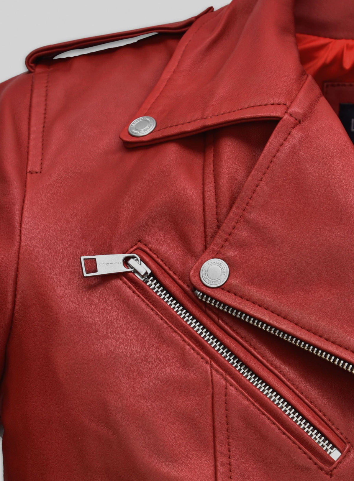 Kathryn Newton Freaky Red Leather Jacket – close-up and worn views