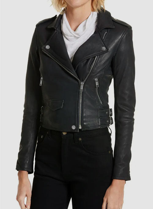 Katie Cassidy Arrow Black Leather Jacket – close-up and worn views