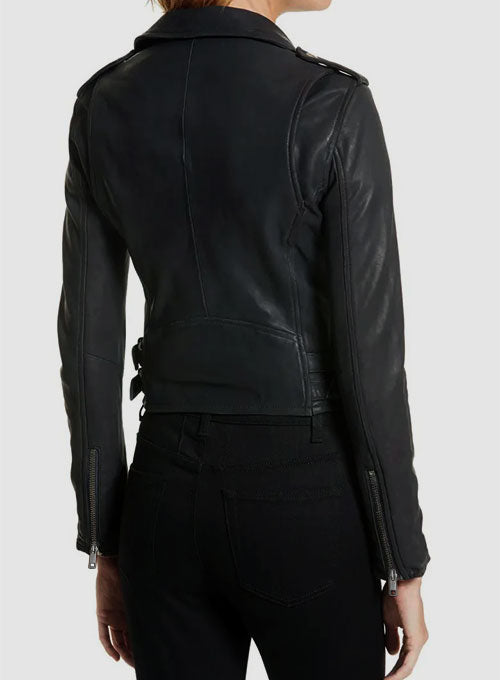 Katie Cassidy Arrow Black Leather Jacket – close-up and worn views