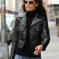 Katie Holmes NYC Black Leather Jacket – close-up and worn views