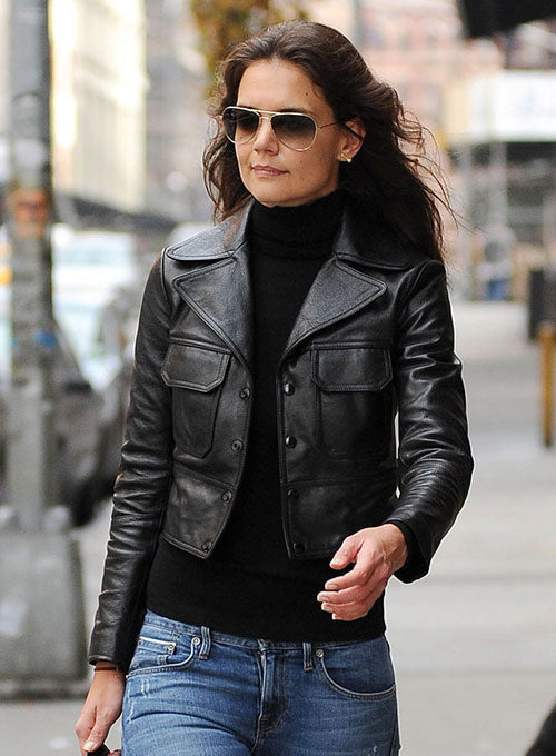 Katie Holmes NYC Black Leather Jacket – close-up and worn views