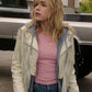 Kiernan Shipka Totally Killer White Leather Jacket – close-up and worn views