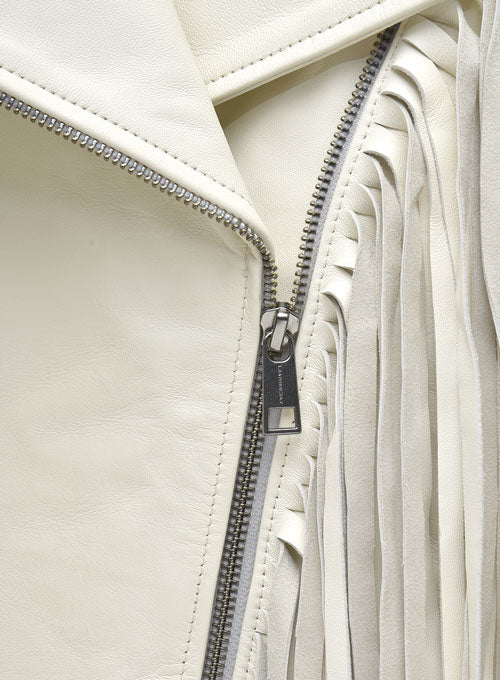 Kiernan Shipka Totally Killer White Leather Jacket – close-up and worn views