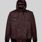 Kellan Lutz Maroon Hooded Bomber Leather Jacket – front view