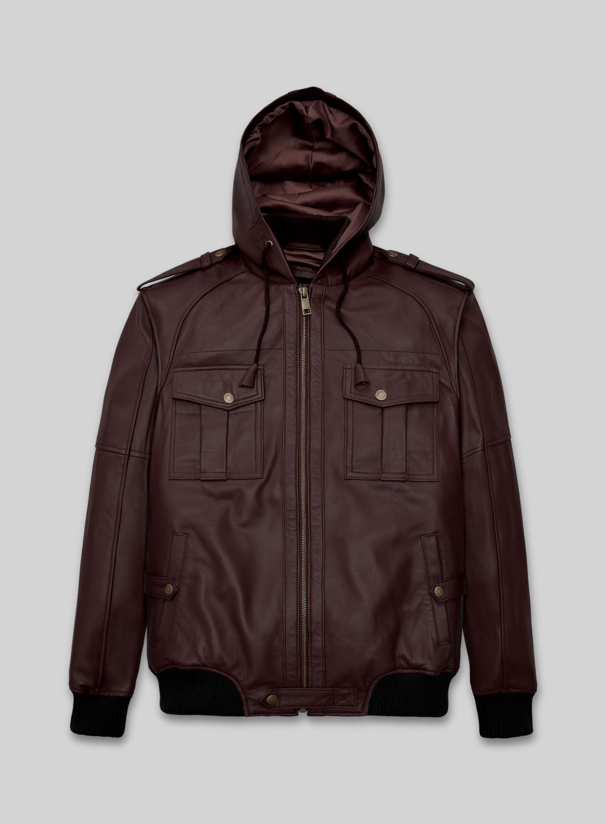 Kellan Lutz Maroon Hooded Bomber Leather Jacket – front view
