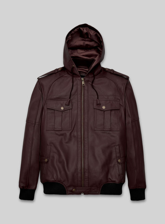 Kellan Lutz Maroon Hooded Bomber Leather Jacket – front view