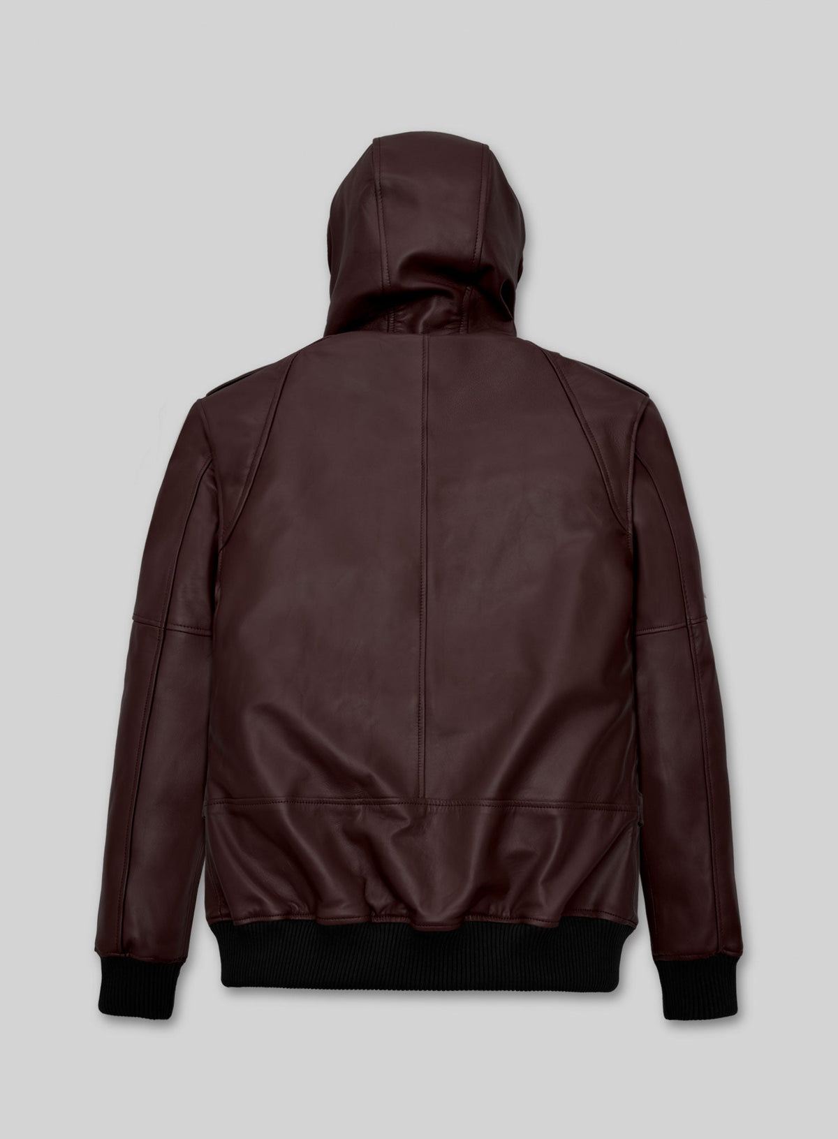 Kellan Lutz Maroon Hooded Bomber Leather Jacket – back view