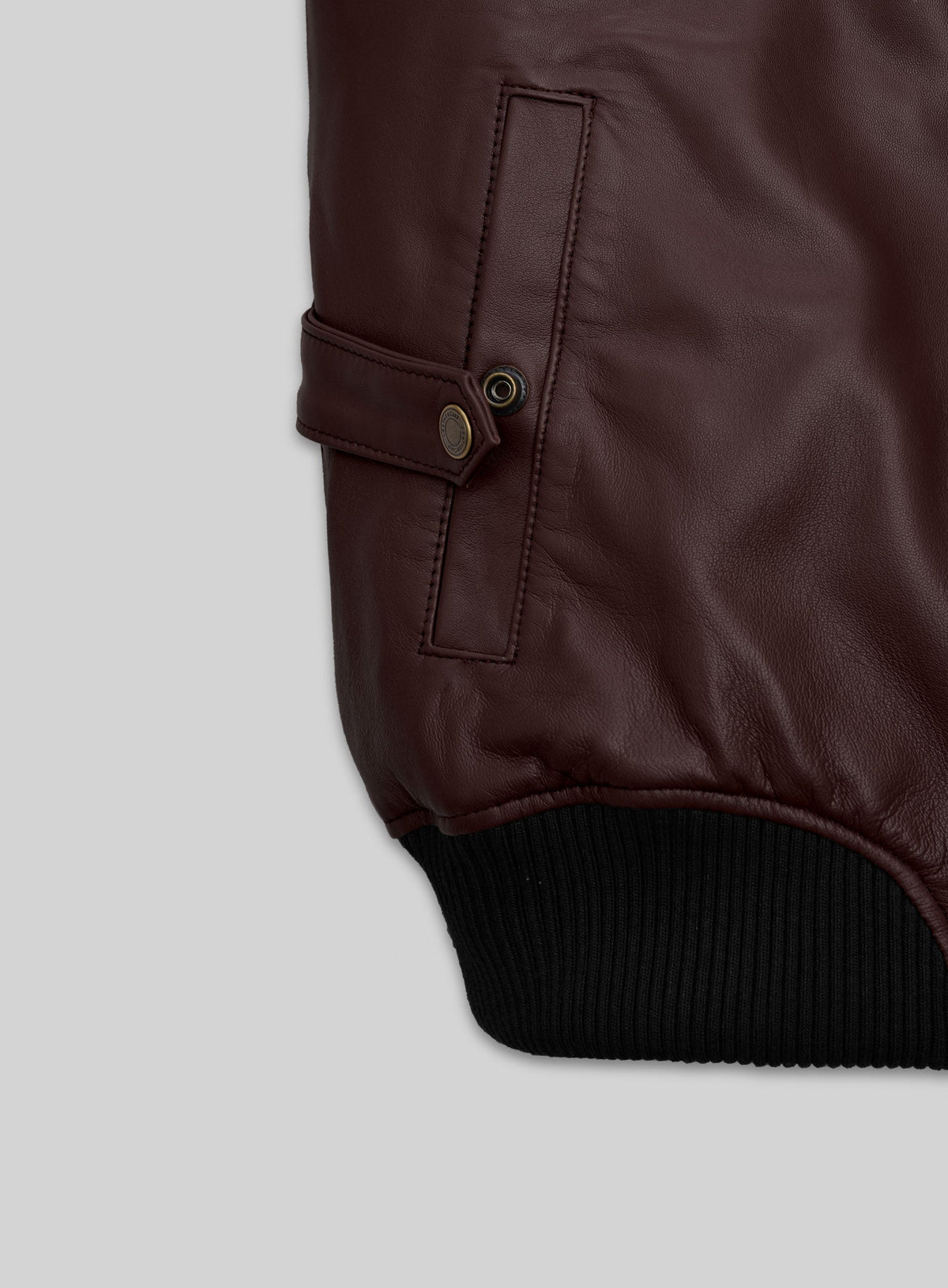 Kellan Lutz Maroon Hooded Bomber Leather Jacket – close-up detail