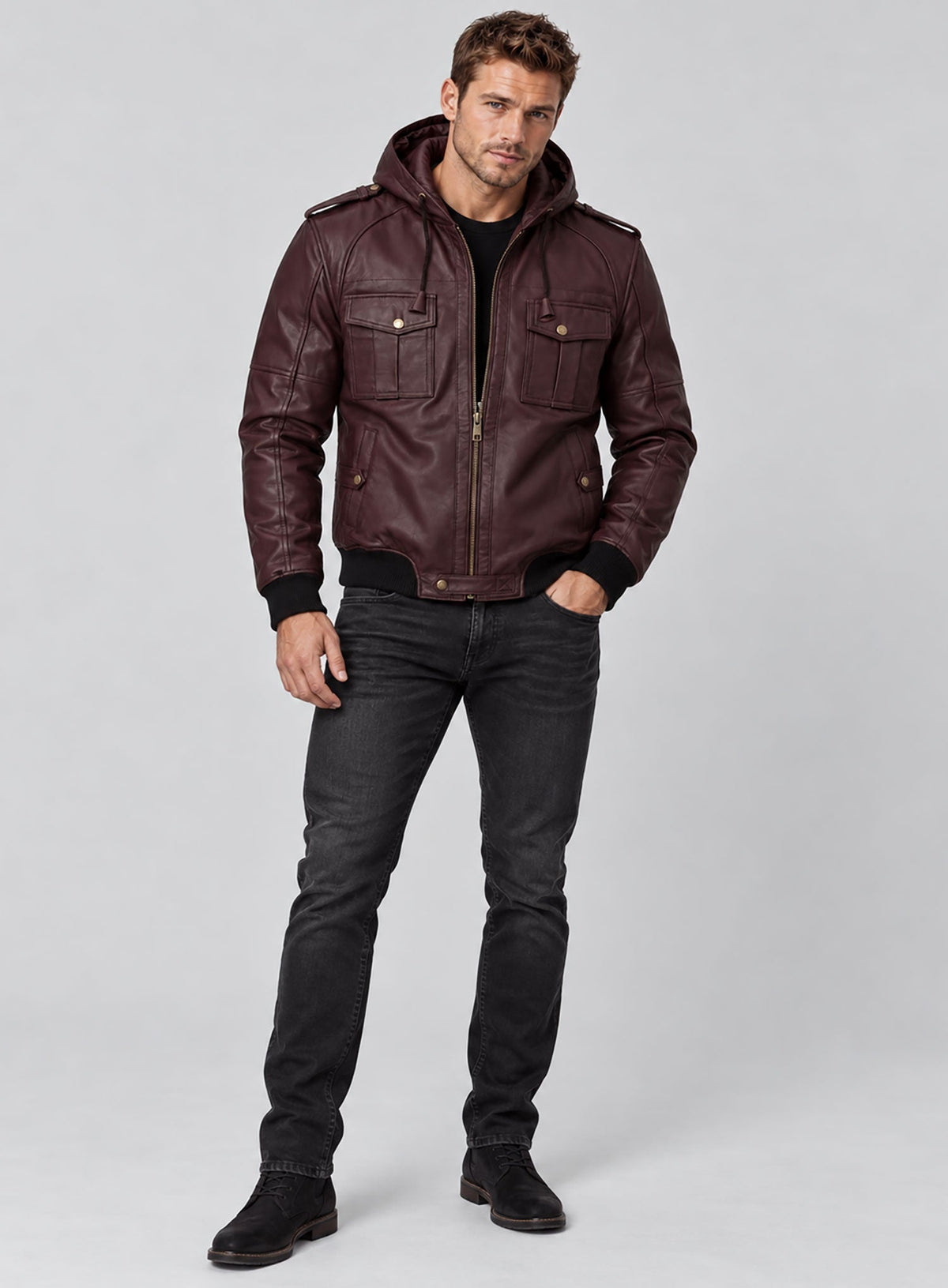 Kellan Lutz Maroon Hooded Bomber Leather Jacket – worn on model