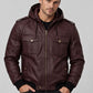 Kellan Lutz Maroon Hooded Bomber Leather Jacket – full-length view on model