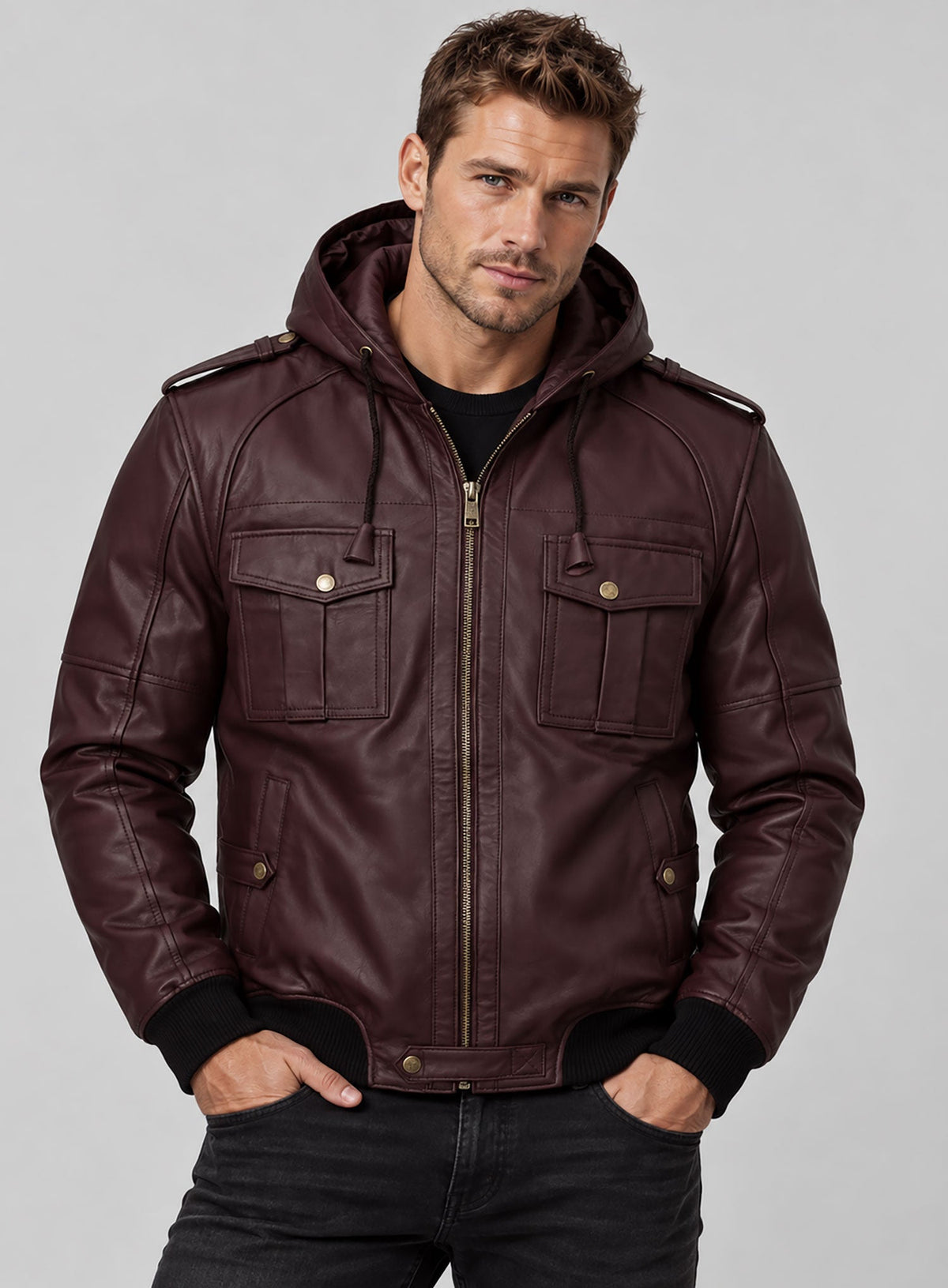 Kellan Lutz Maroon Hooded Bomber Leather Jacket – full-length view on model