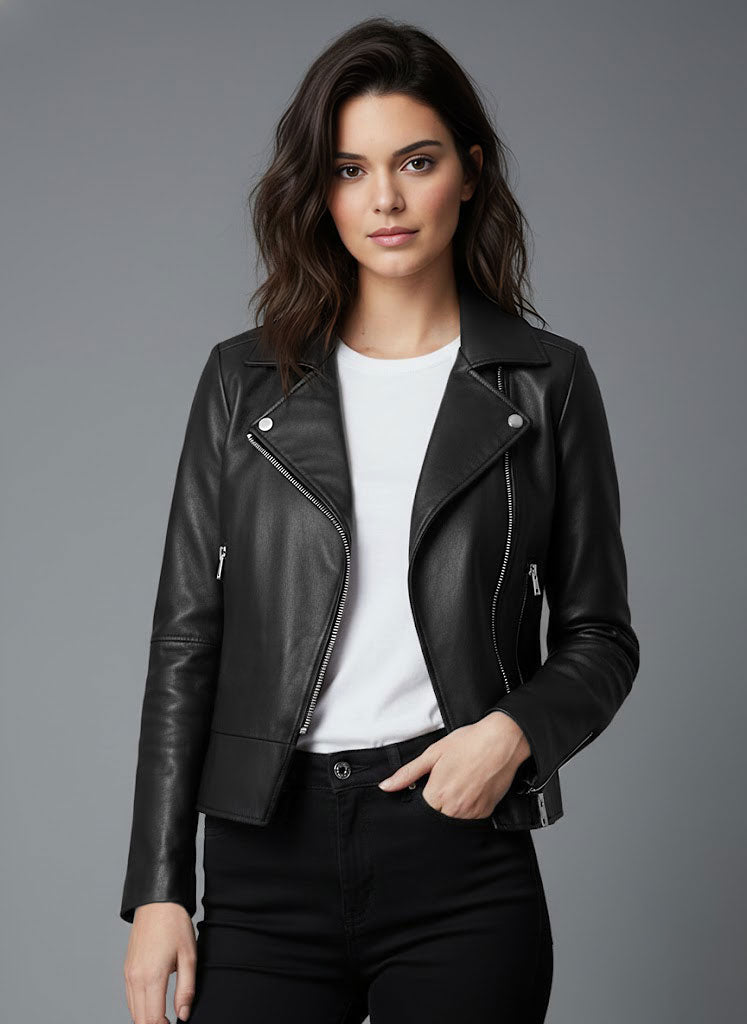 Kendall Jenner Black Leather Jacket – close-up and worn views