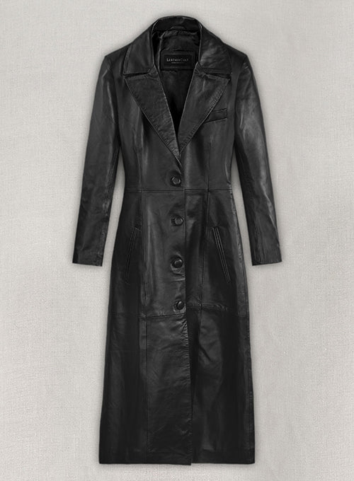 Kendall Jenner Black Leather Long Coat – front view