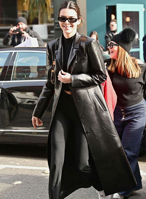 Kendall Jenner Black Leather Long Coat – alternate view