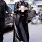 Kendall Jenner Black Leather Long Coat – close-up and worn views