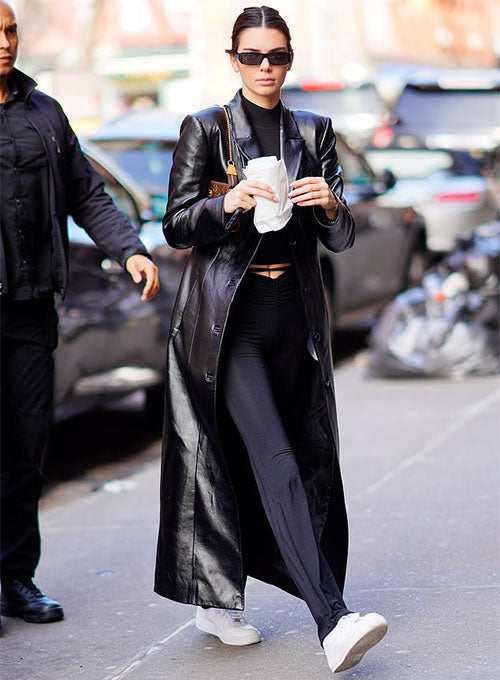 Kendall Jenner Black Leather Long Coat – close-up and worn views