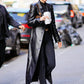 Kendall Jenner Black Leather Long Coat – close-up and worn views