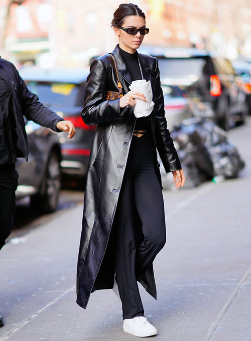 Kendall Jenner Black Leather Long Coat – close-up and worn views
