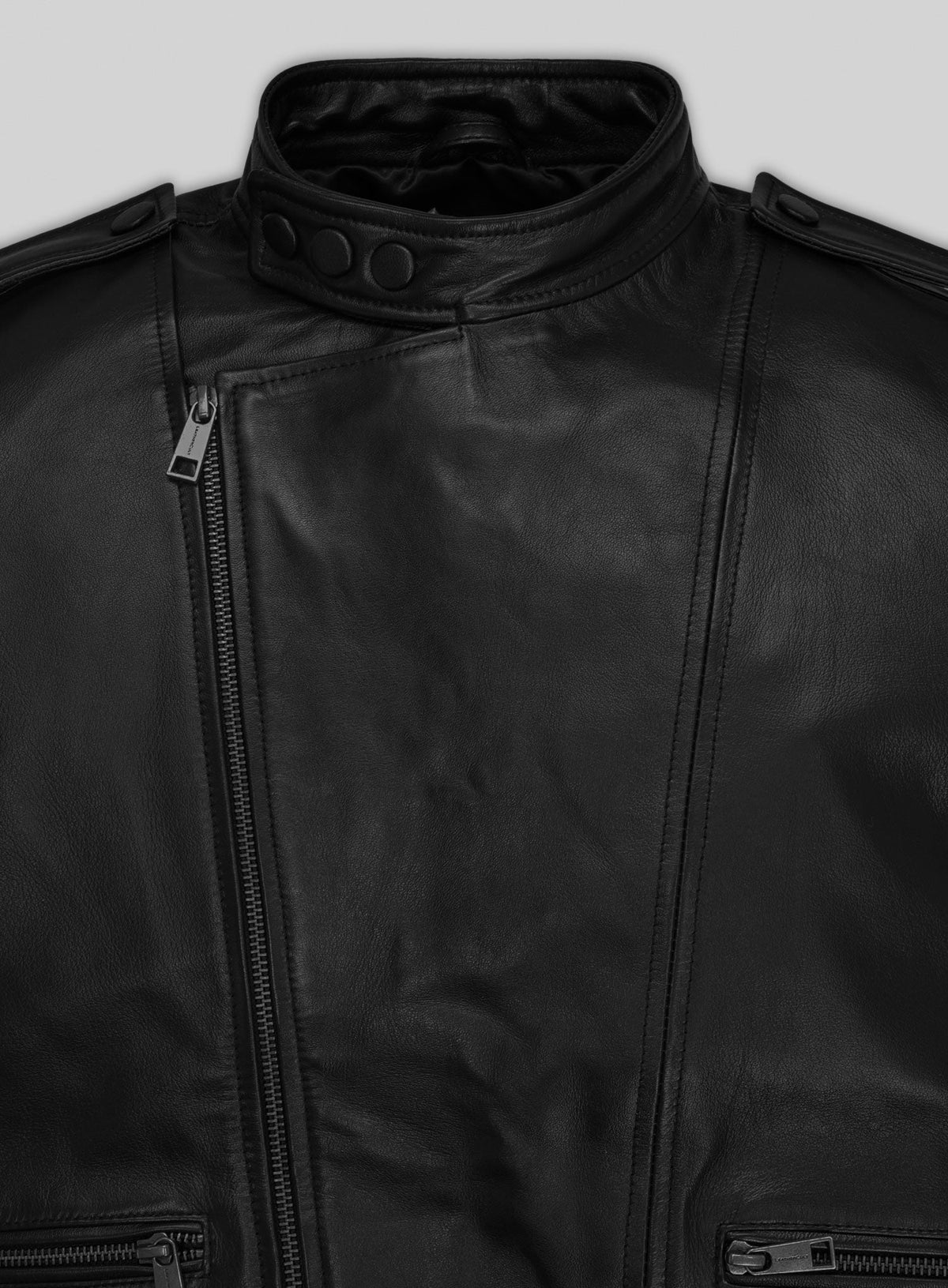 Kevin Hart SNL Black Asymmetrical Leather Jacket – close-up detail of hardware and pockets