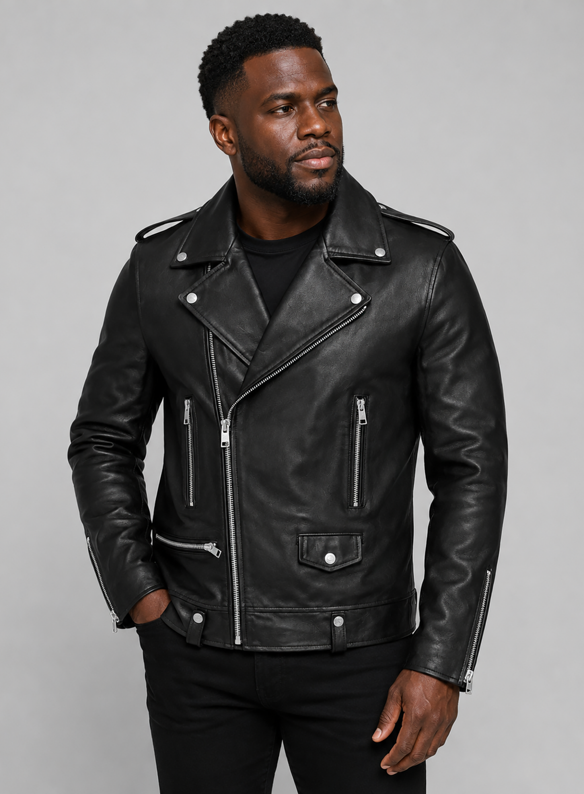 Kevin Hart Black Biker Leather Jacket – full product view