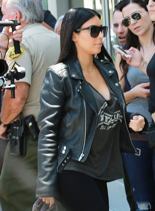Kim Kardashian Black Leather Jacket – close-up and worn views