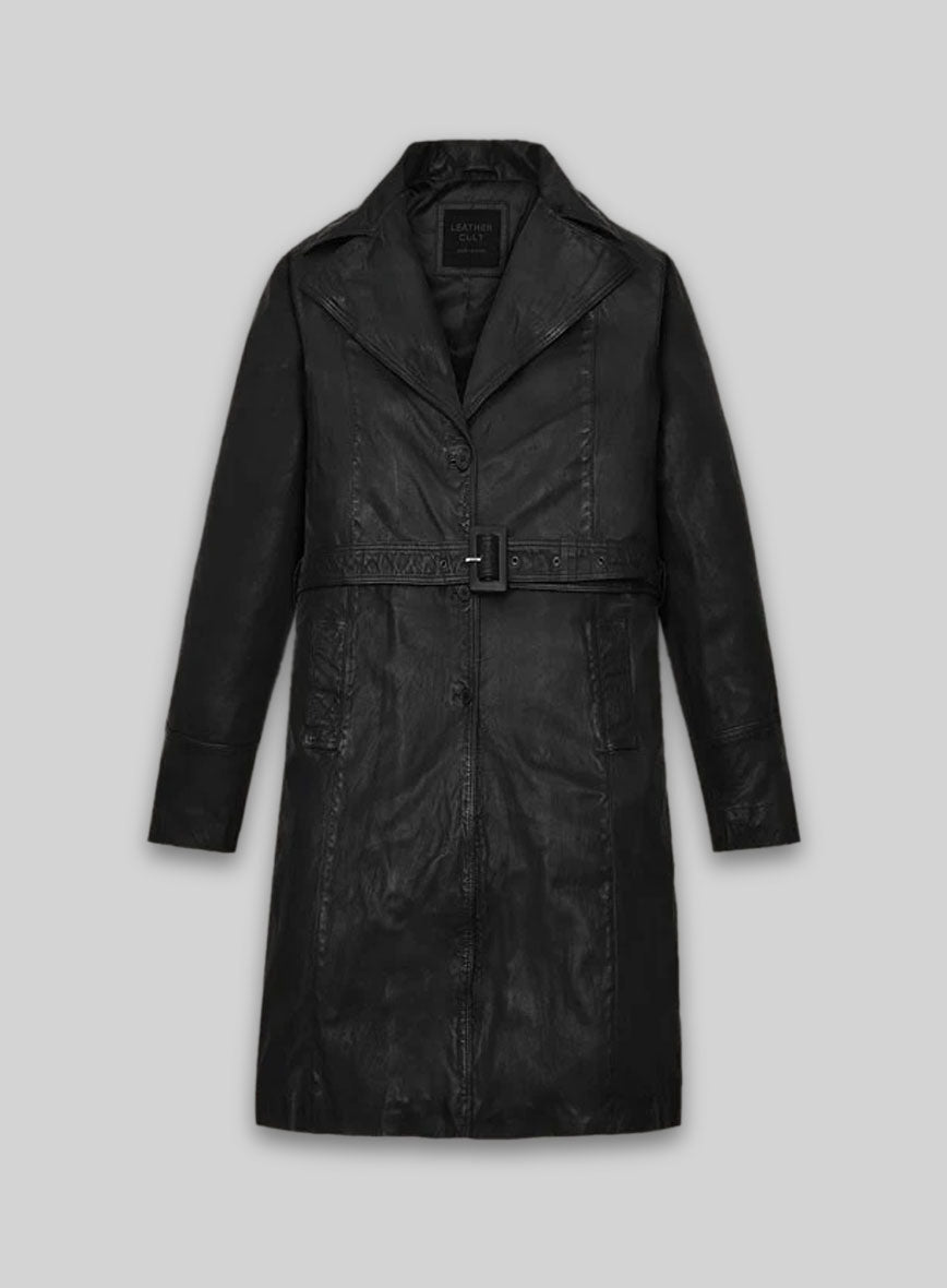 Kim Kardashian Black Leather Long Coat – front view