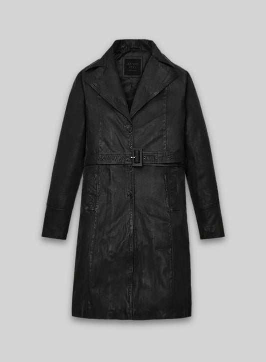 Kim Kardashian Black Leather Long Coat – front view