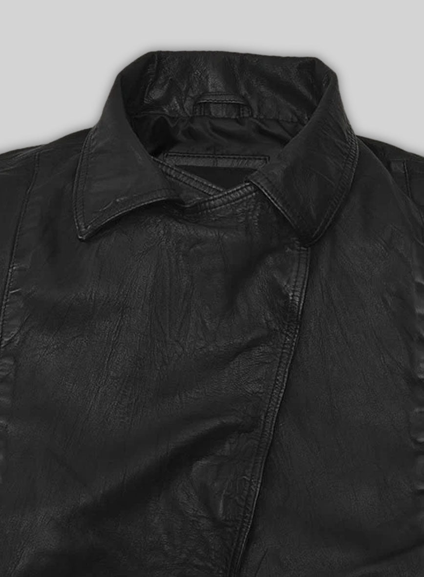Kim Kardashian Black Leather Long Coat – close-up and worn views