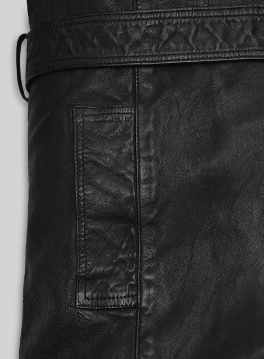 Kim Kardashian Black Leather Long Coat – close-up and worn views