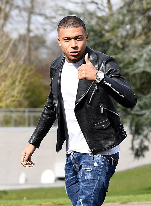Kylian Mbappé Black Biker Leather Jacket – worn look