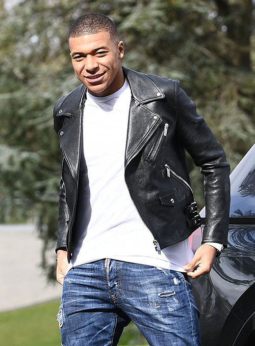 Kylian Mbappé Black Biker Leather Jacket – worn look