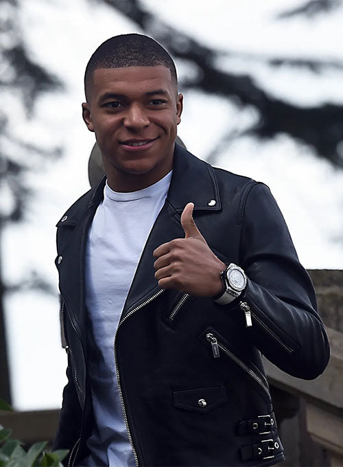 Kylian Mbappé Black Biker Leather Jacket – worn look