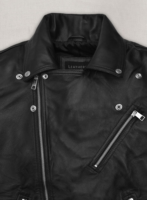 Kylian Mbappé Black Biker Leather Jacket – close-up detail of leather and stitching