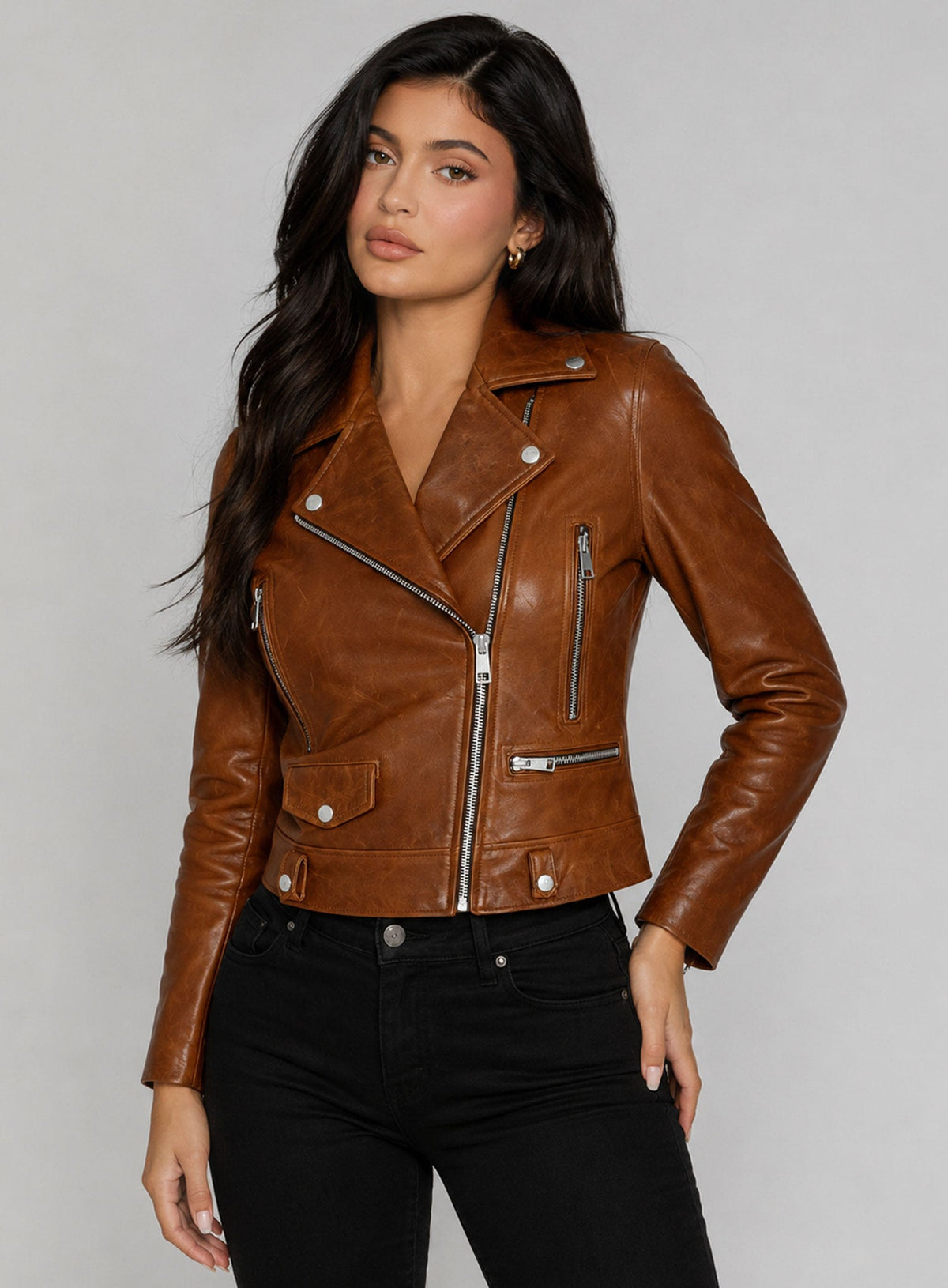 Kylie Jenner Black Leather Jacket – close-up and worn views