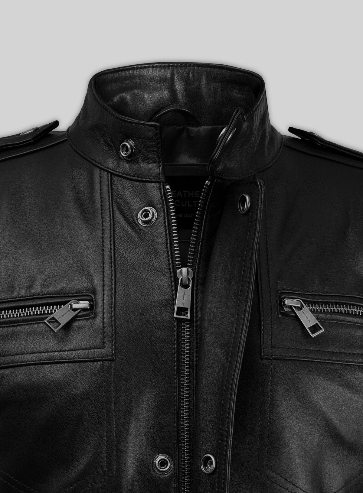 Lara Croft Tomb Raider Black Leather Jacket – close-up and worn views