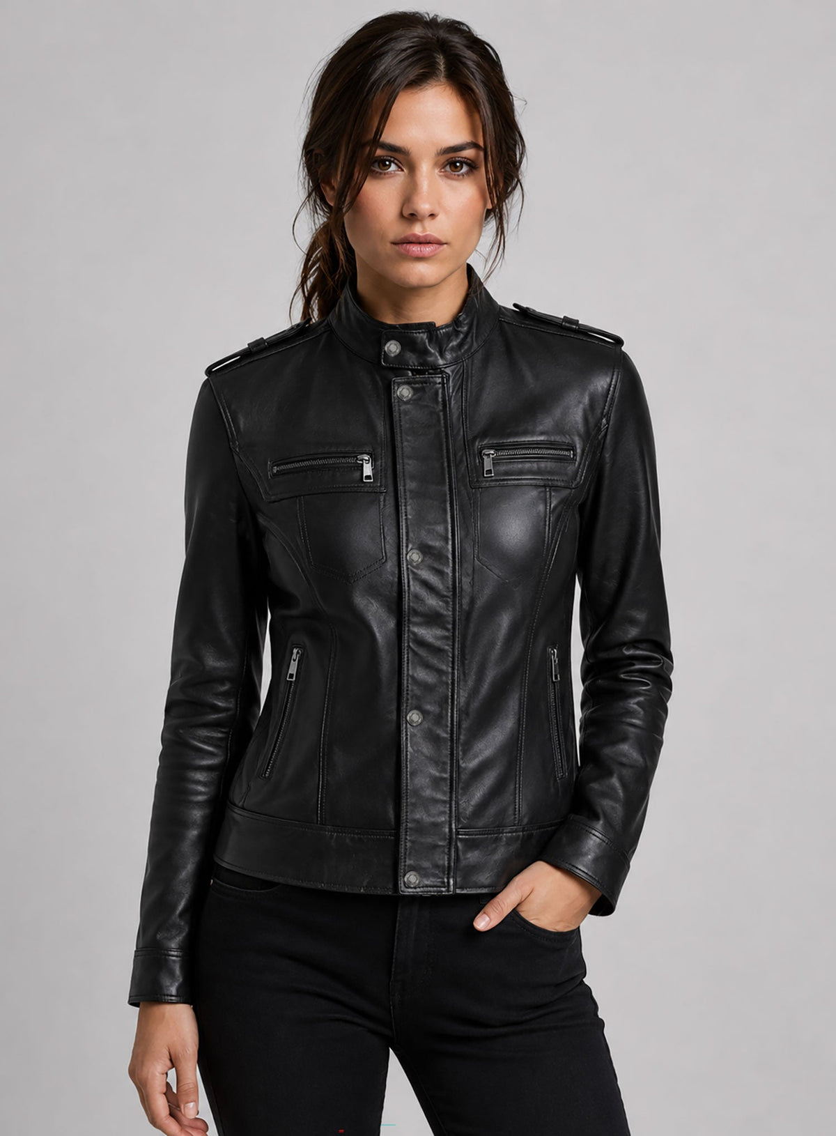 Lara Croft Tomb Raider Black Leather Jacket – close-up and worn views