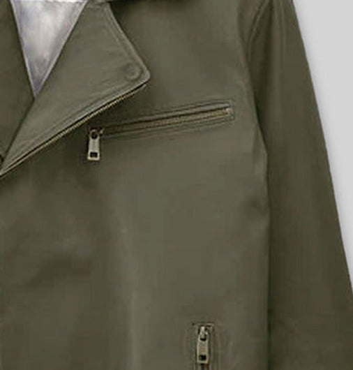 Larenz Tate Girls Trip Green Leather Jacket – close-up detail of front closure, pocket and leather stitching