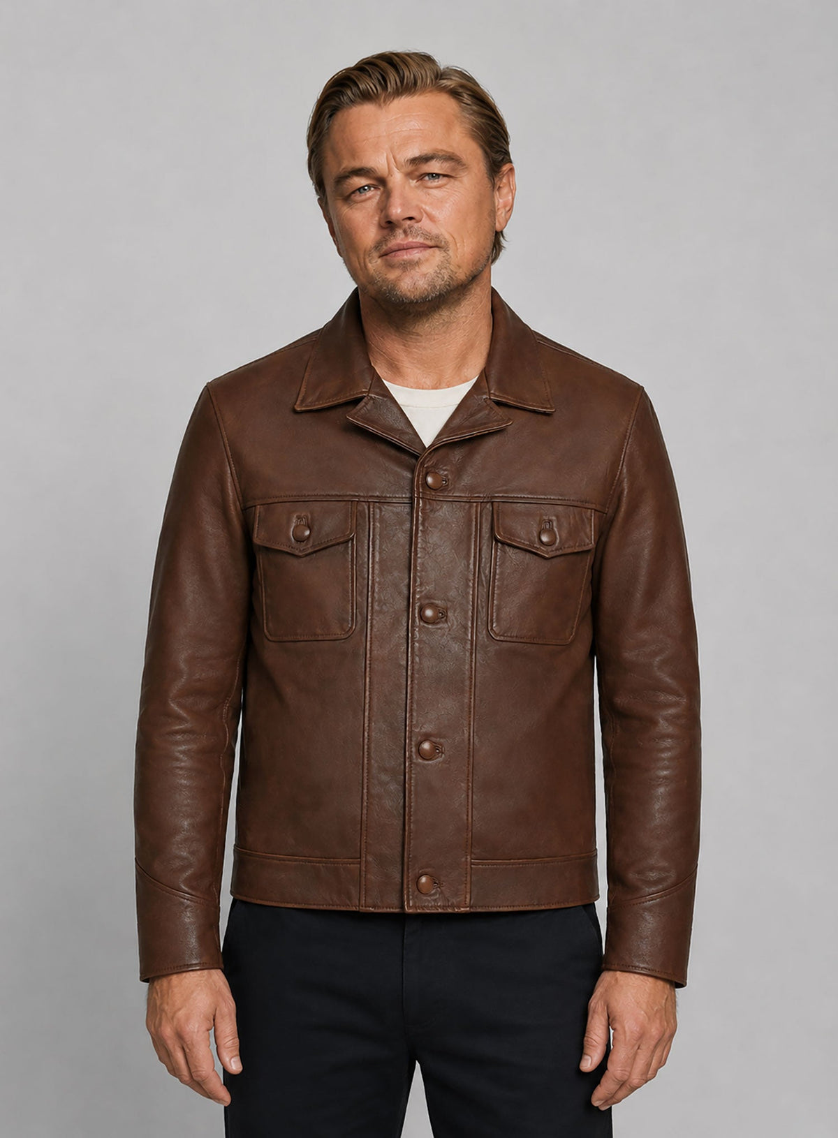 Leonardo DiCaprio Once Upon a Time in Hollywood Black Leather Jacket – close-up and worn views
