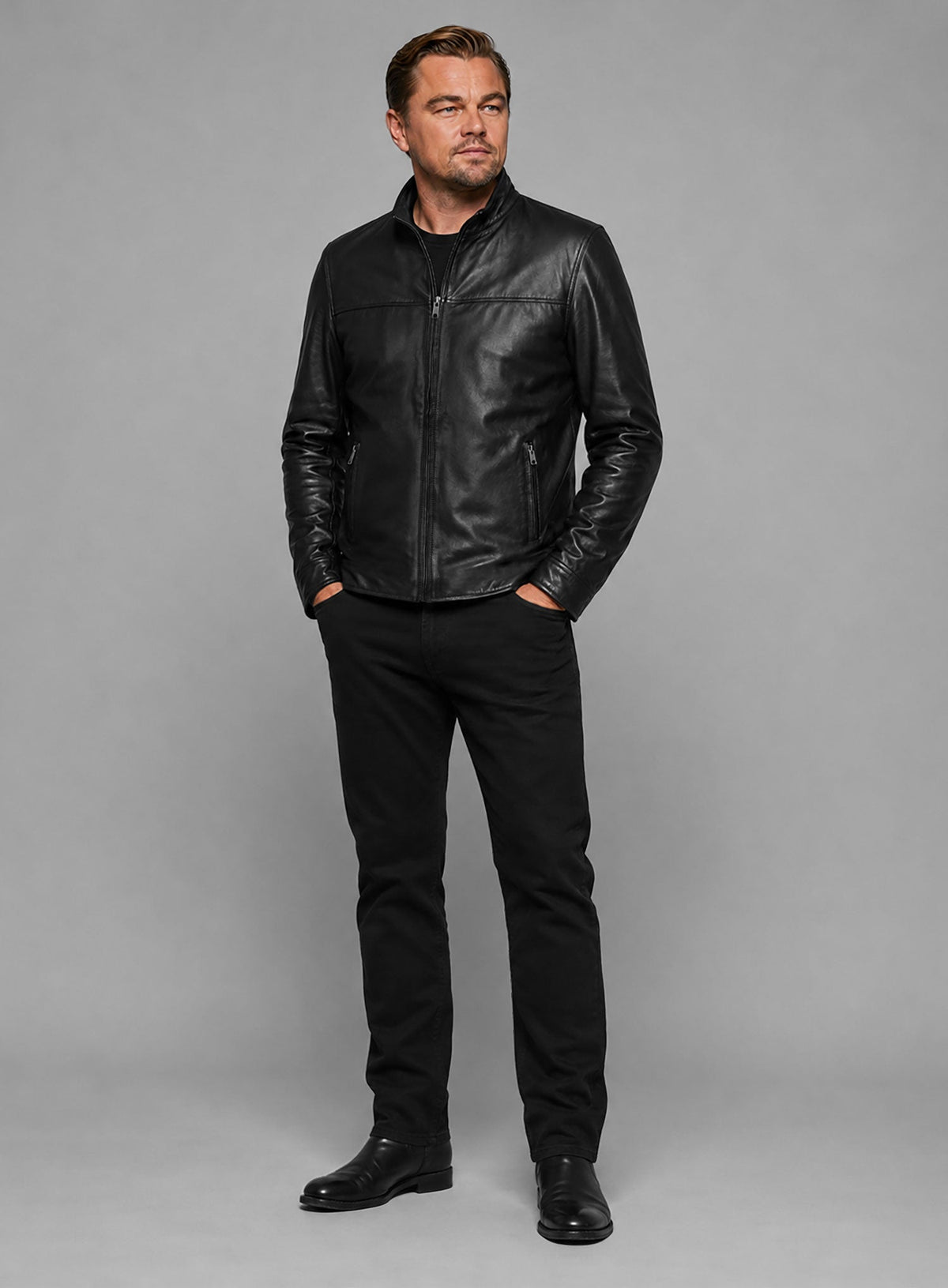 Leonardo DiCaprio The Departed Black Leather Jacket – close-up and worn views