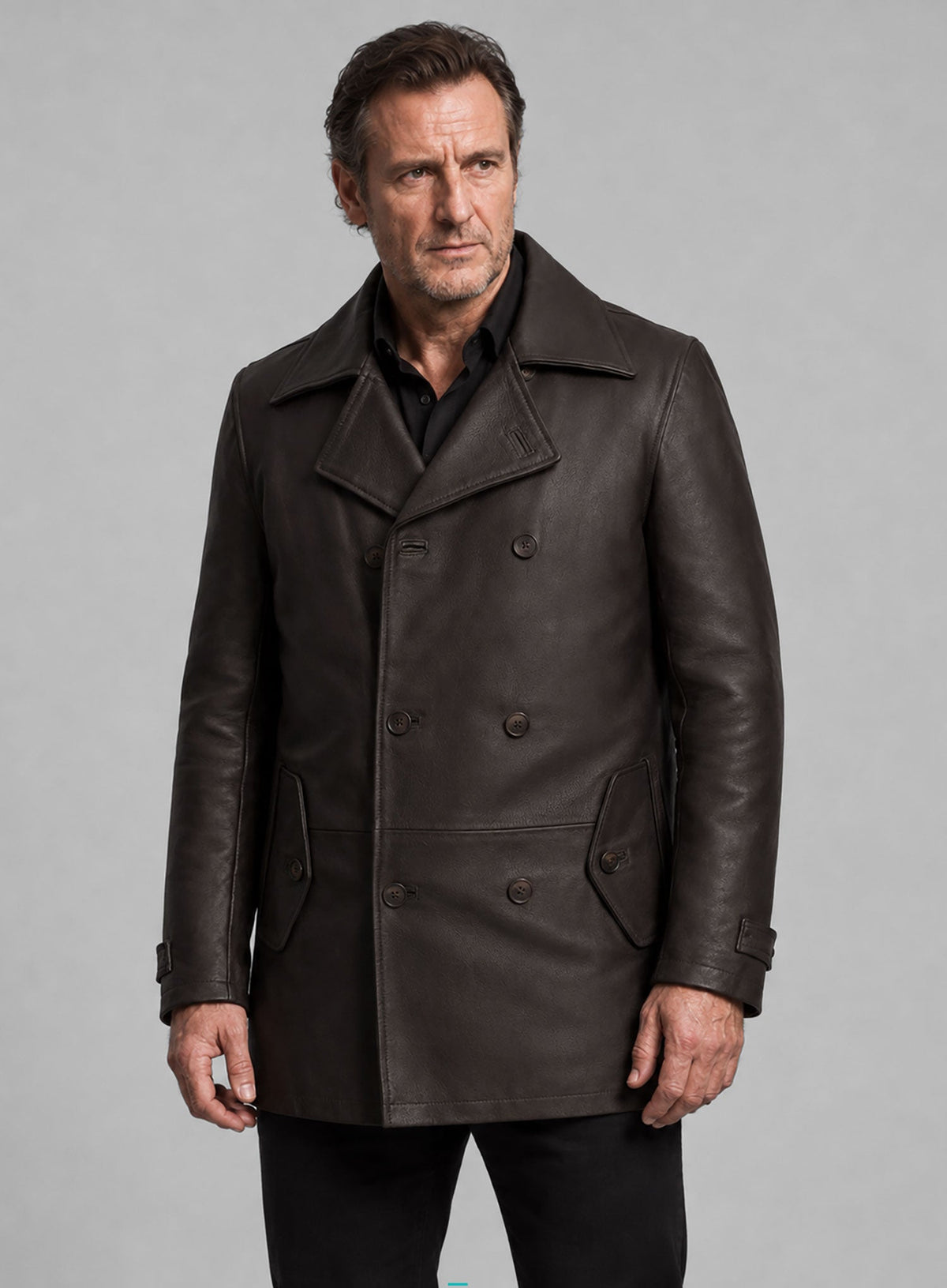 Liam Neeson Taken 2 Black Leather Trench Coat – full product view