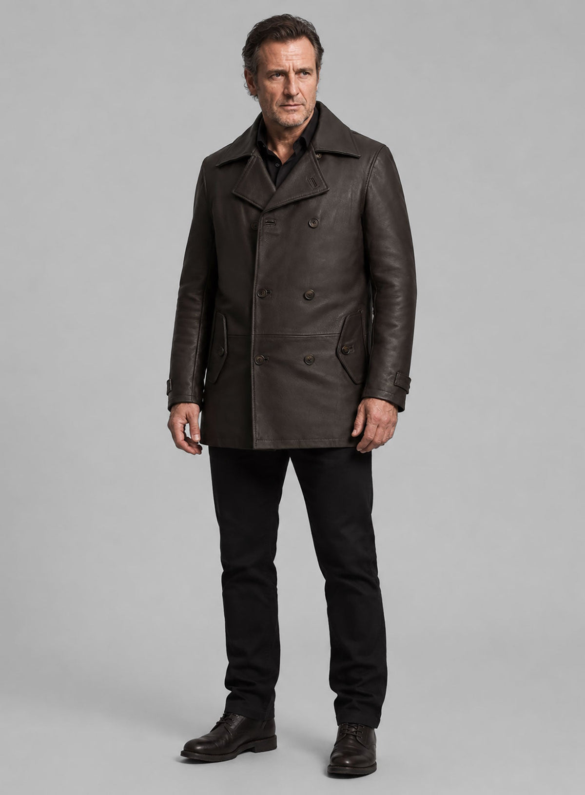 Liam Neeson Taken 2 Black Leather Trench Coat – full product view