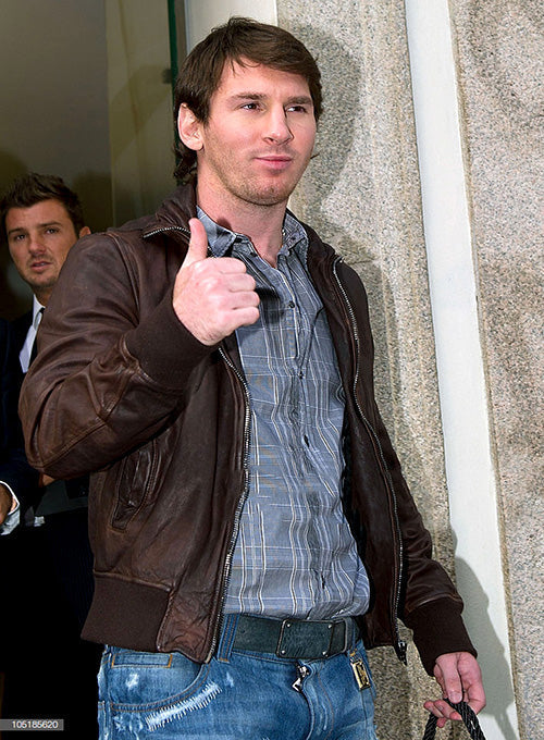 Lionel Messi Black Bomber Leather Jacket – Lionel Messi wearing the look, photo 3