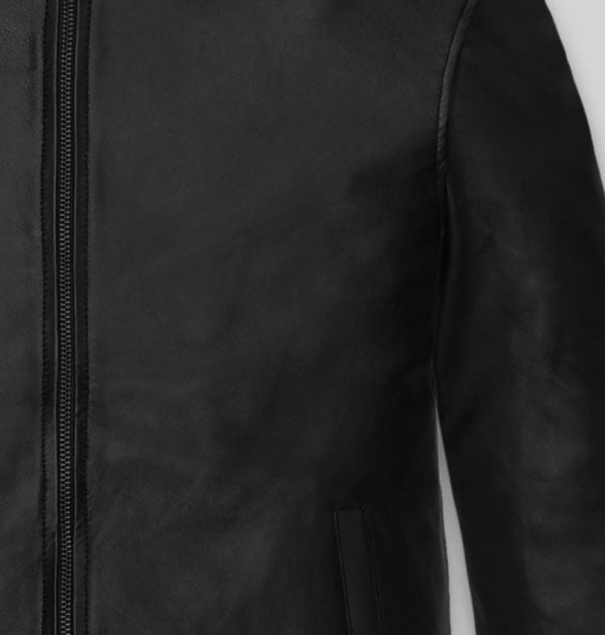Lionel Messi Black Leather Jacket – close-up detail of front closure, pocket and leather stitching