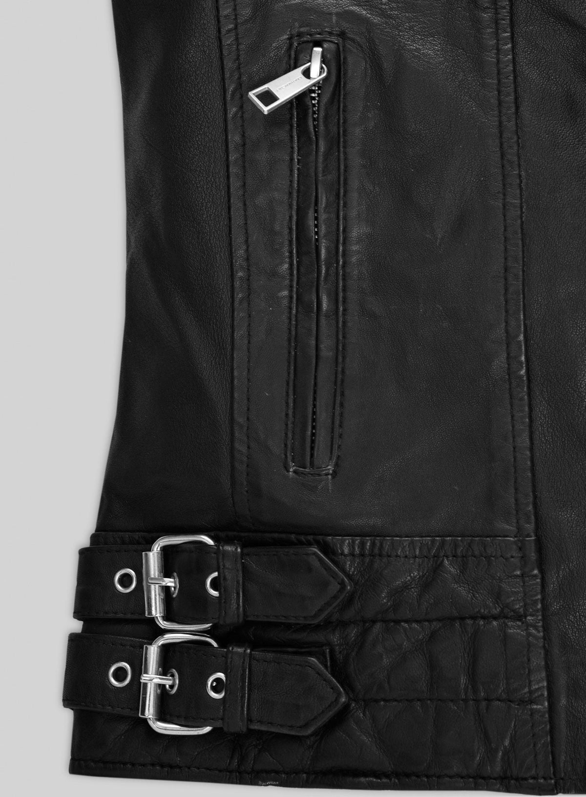 Lucy Hale Pretty Little Liars Black Leather Jacket – close-up and worn views