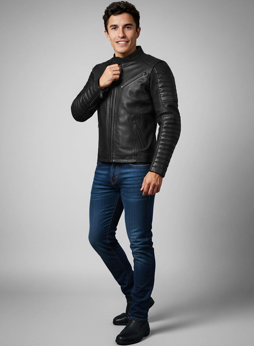 Marc Marquez Black Leather Jacket – close-up and worn views