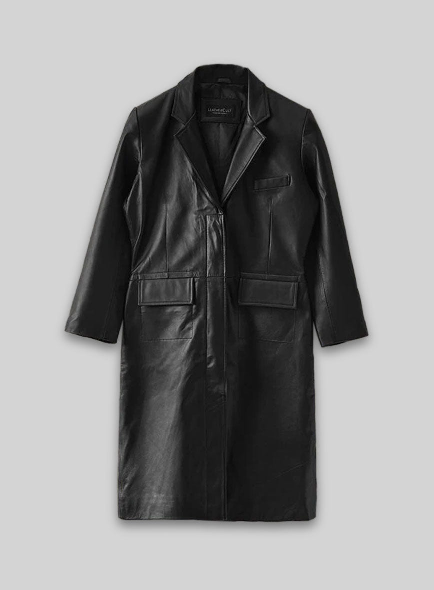 Margot Robbie Wolf Of Wall Street Black Leather Long Coat – front view