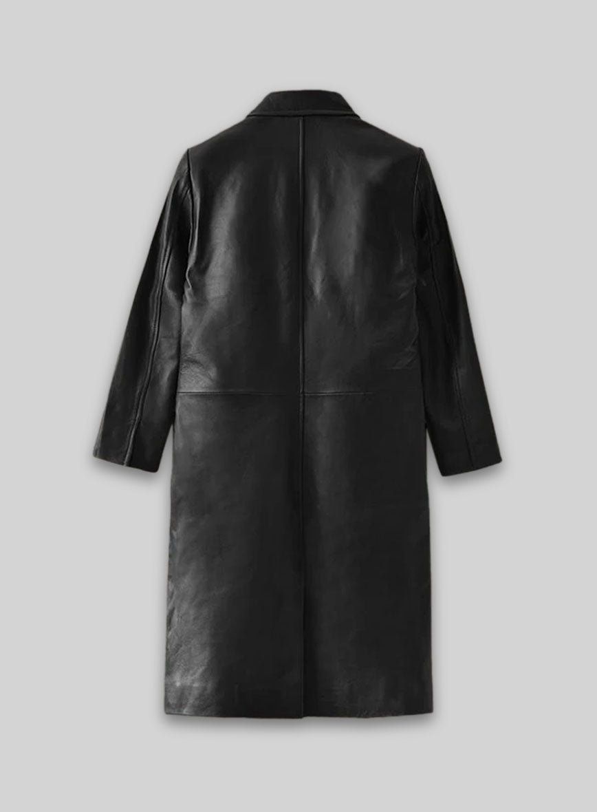Margot Robbie Wolf Of Wall Street Black Leather Long Coat – back view
